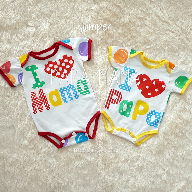 sepasang 2pc baju bayi jumper bayi papa mama versi putih polkadot