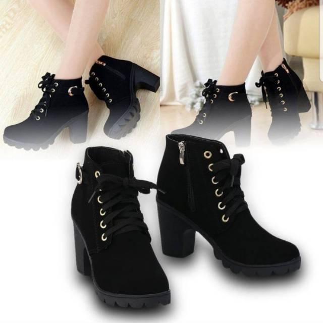 Sepatu wanita  korea  Heel Boot Coboy Black Hitam