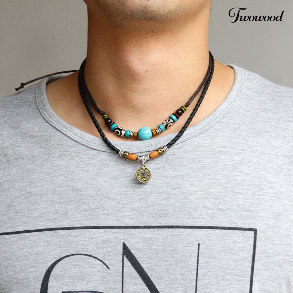 Kalung Choker Multilayer Dengan Liontin Manik-Manik Turquoise Imitasi Untuk Pria