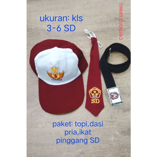 paket topi merah putih,dasi pria dan ikat pinggang ukuran kelas 3-6 SD