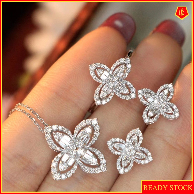 [Ready Stock]Female Niche Diamond Clover Ear Stud Necklace Ring Set