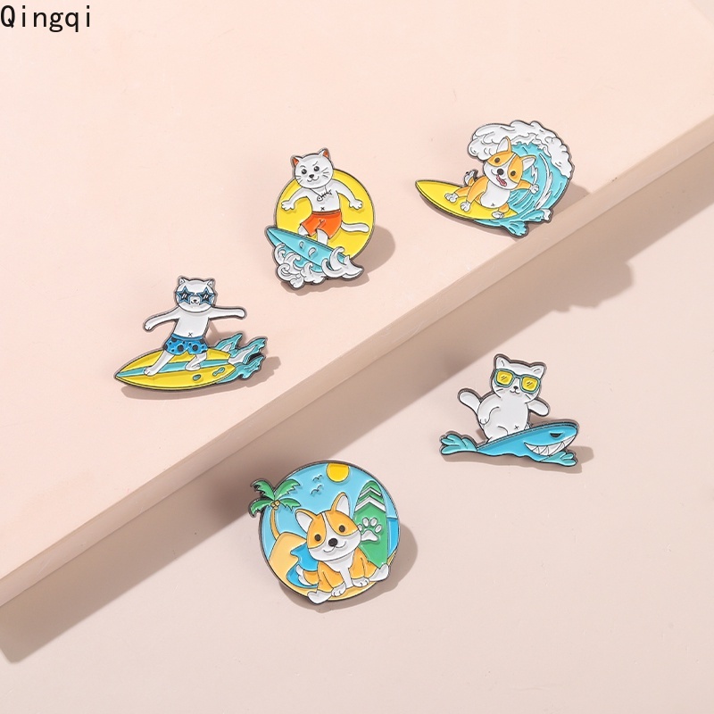 Bros Pin Enamel Bentuk Kartun Surfing Kucing Anjing Untuk Hadiah