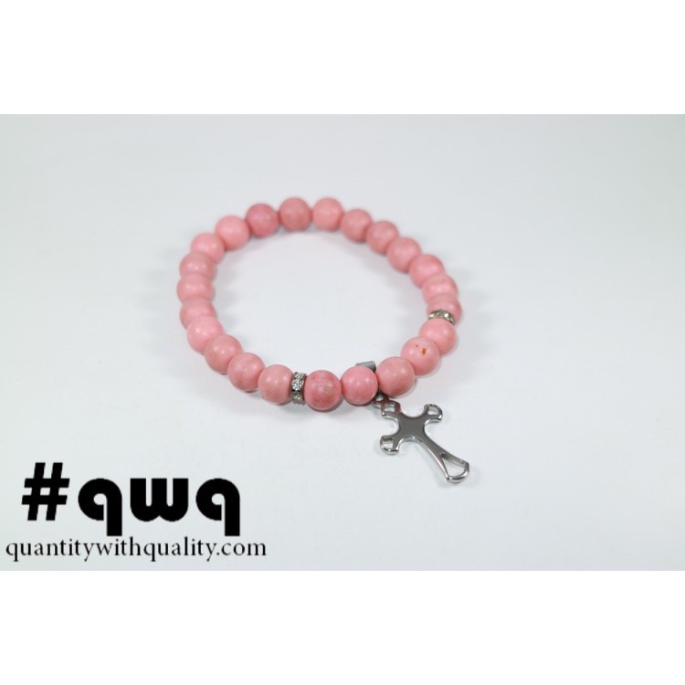 gelang batu korea pink pirus dengan salib cross titanium tahan karat