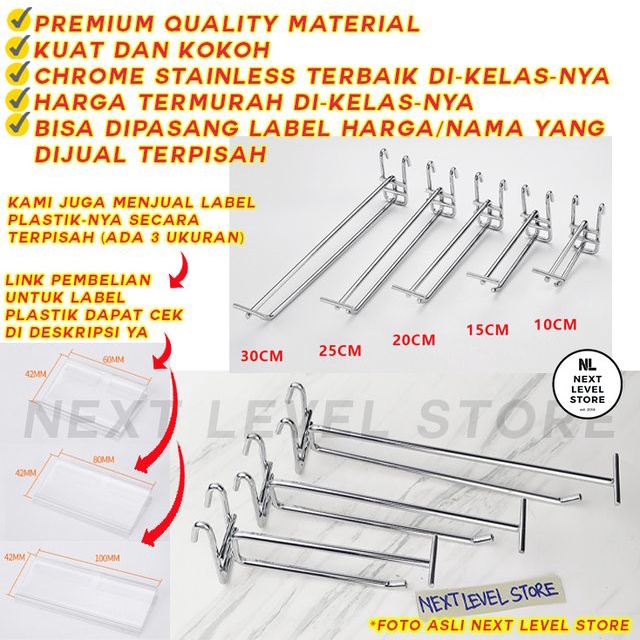 Double Hook Ram 10 15 20 25 30 CM TEBAL 6mm Display Cantolan Stainless Label Nama Price Card