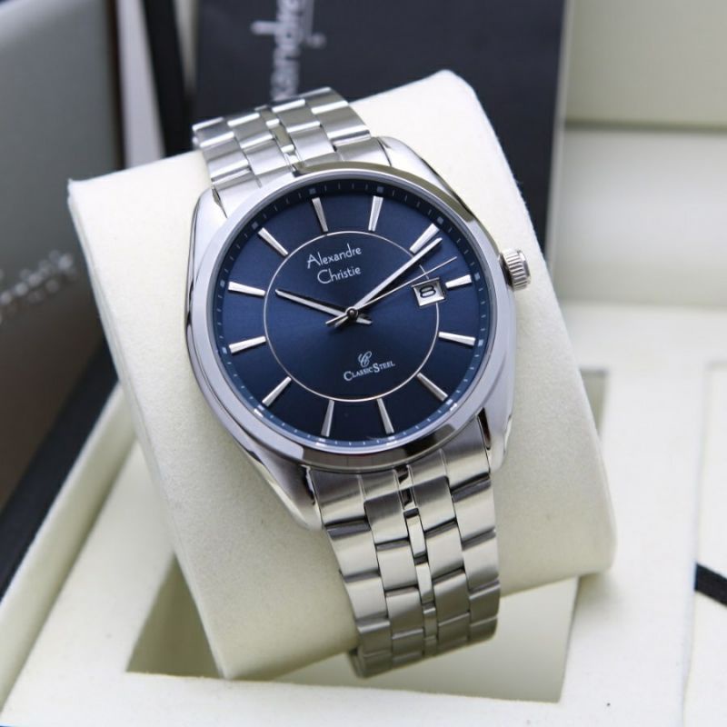 jam tangan pria terkeren model simple dan elegant alexandre christie 8578 silver plat dasar biru har