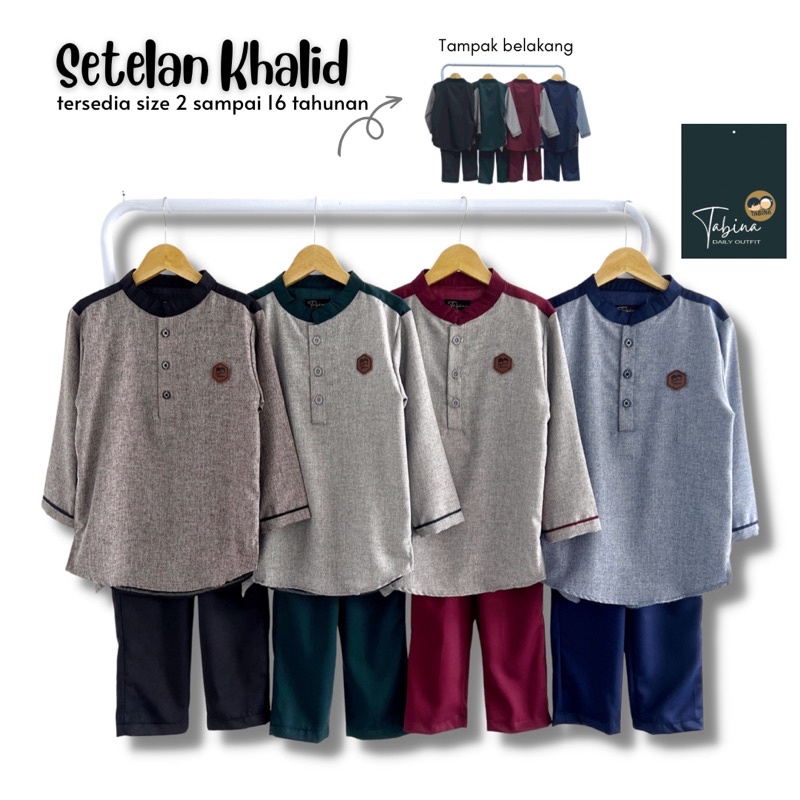 Setelan Koko Kurta Anak Sampai Remaja Lengan Panjang Brand Tabina Seri Khalid Bahan Katun Madina mix Toyobo usia 2 tahun hingga 16 Tahun