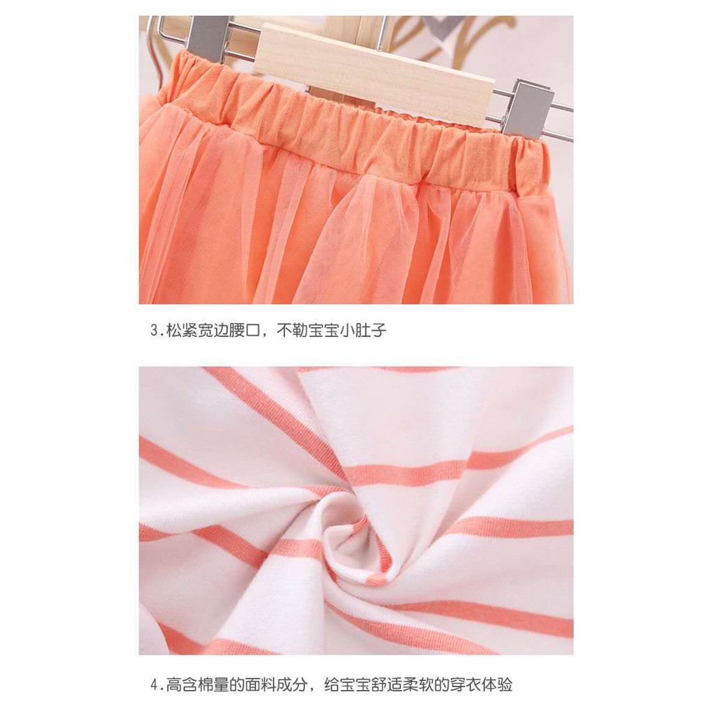 Baju setelan anak perempuan celana rok tutu+ kaos stripped kerah kelinci set anak cewek import-7