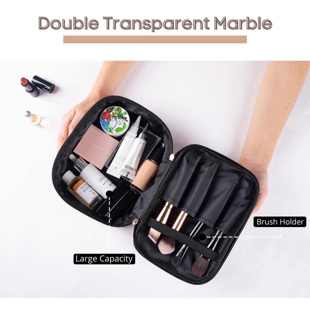 POPORU DOUBLE TRANSPARENT MARBLE pouch - cosmetics bag organizer for make up - tas tempat kosmetik