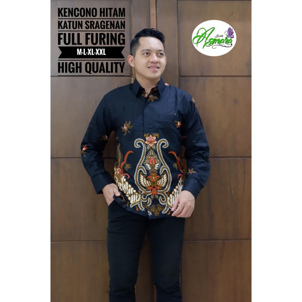 KENCONO HITAM Kemeja Batik Pria Full Furing Katun Sragenan