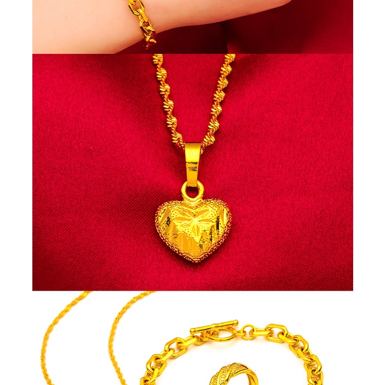 Set Kalung Gelang Cincin Lapis Emas Asli Kadar 375 Desain Hati Peach Gaya Bangkok Untuk Wanita