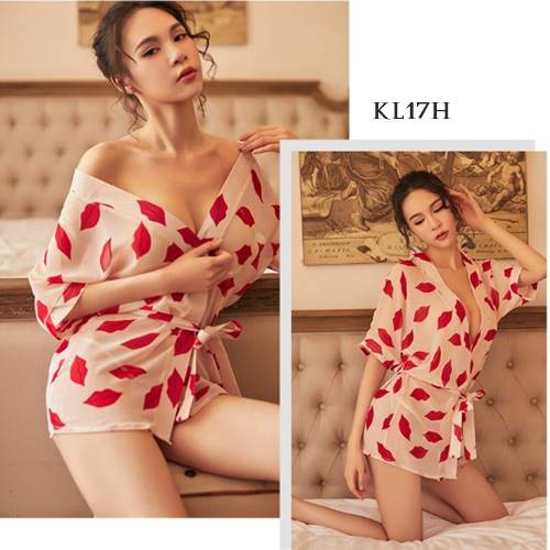 [PALING LARIS] LINGERIE SEXY BAJU TIDUR KIMONO LINGERIE KIMONO CREAM MOTIF KISS KL17H