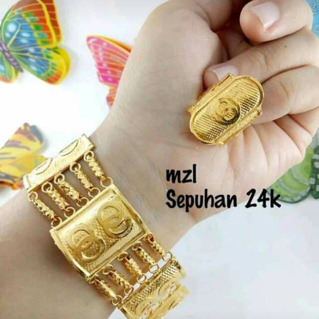 Sepuhan 24k lapis emas 24k dan kristal,  gelang & cincin,  barang ori