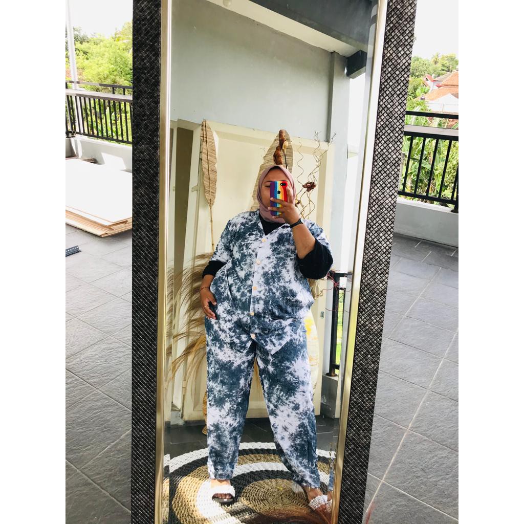 One Set Tie Dye Wanita LD 110 120 130 Bahan Rayon Piyama Pria Lengan Pendek Setelan Jumbo Tie Dye-4