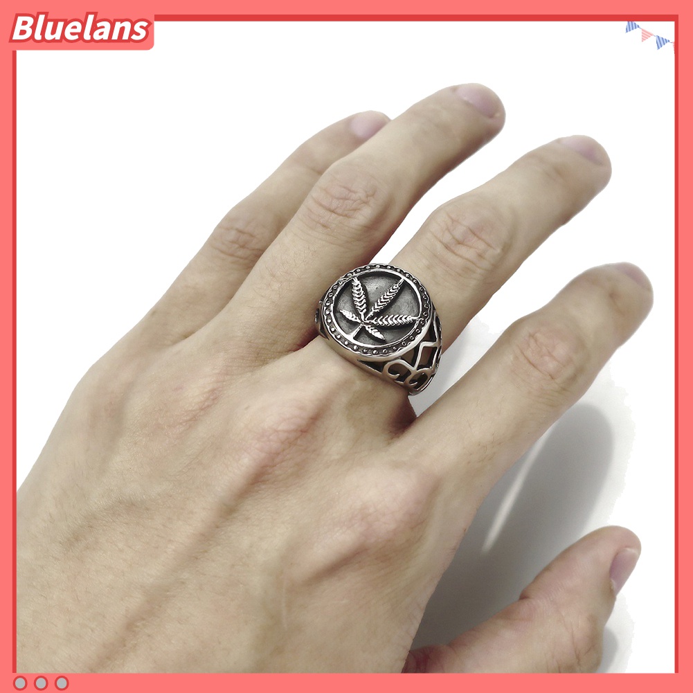 Bluelans Cincin Desain Daun Hollow Bahan Stainless Steel Gaya Punk Untuk Pria