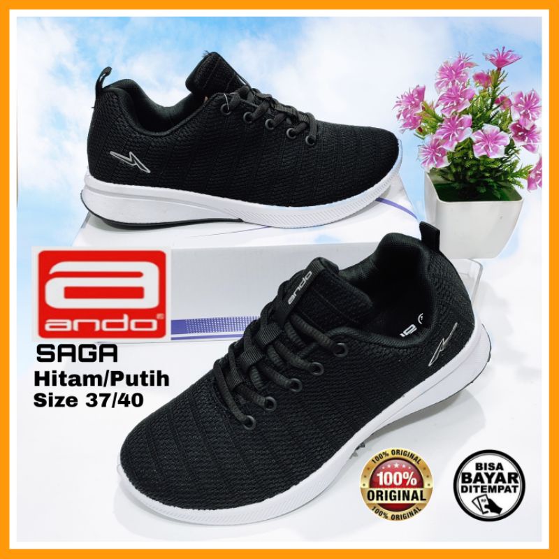 ANDO Rebecca Saga Asli Original Sepatu Sekolah Wanita Cewek Hitam Putih Black White Kekinian Berkualitas-1