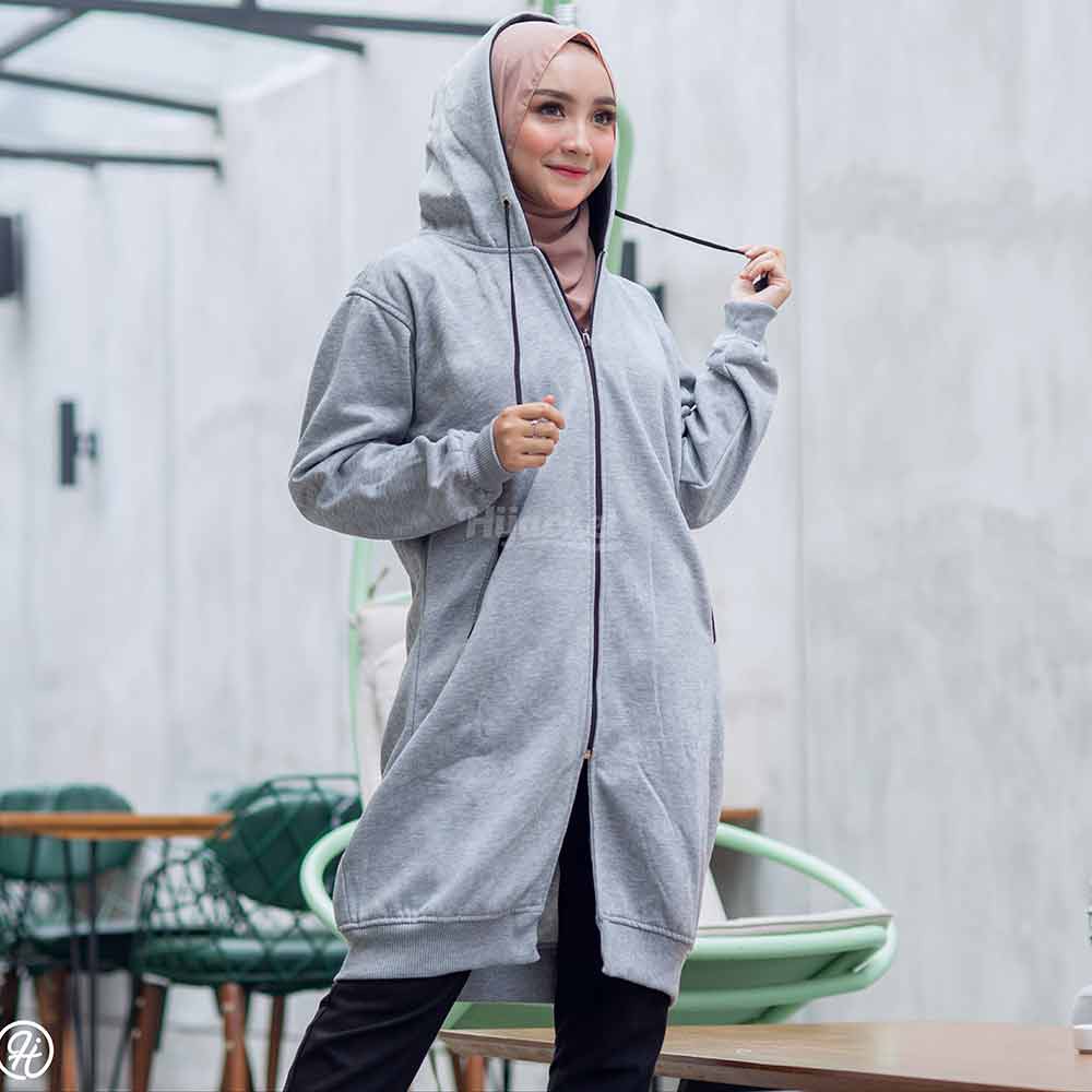 Jaket Jacket Polos Hoodie Panjang Wanita Cewek Muslimah Hijabers Kekinian Abu Muda Hijacket BC Grey-Abu Hitam