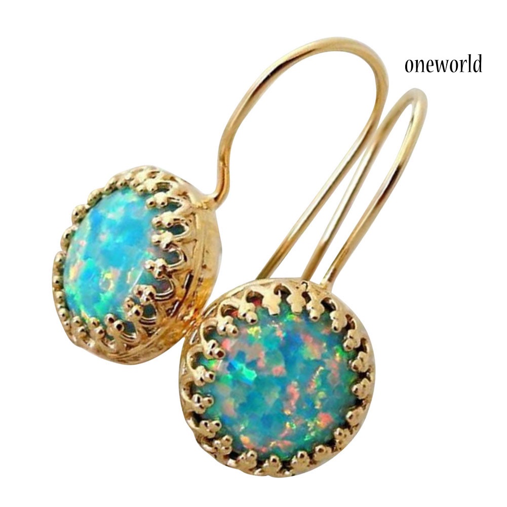 OW@ Vintage Women Multicolor Round Faux Opal Carved Dangle Hook Earrings Jewelry