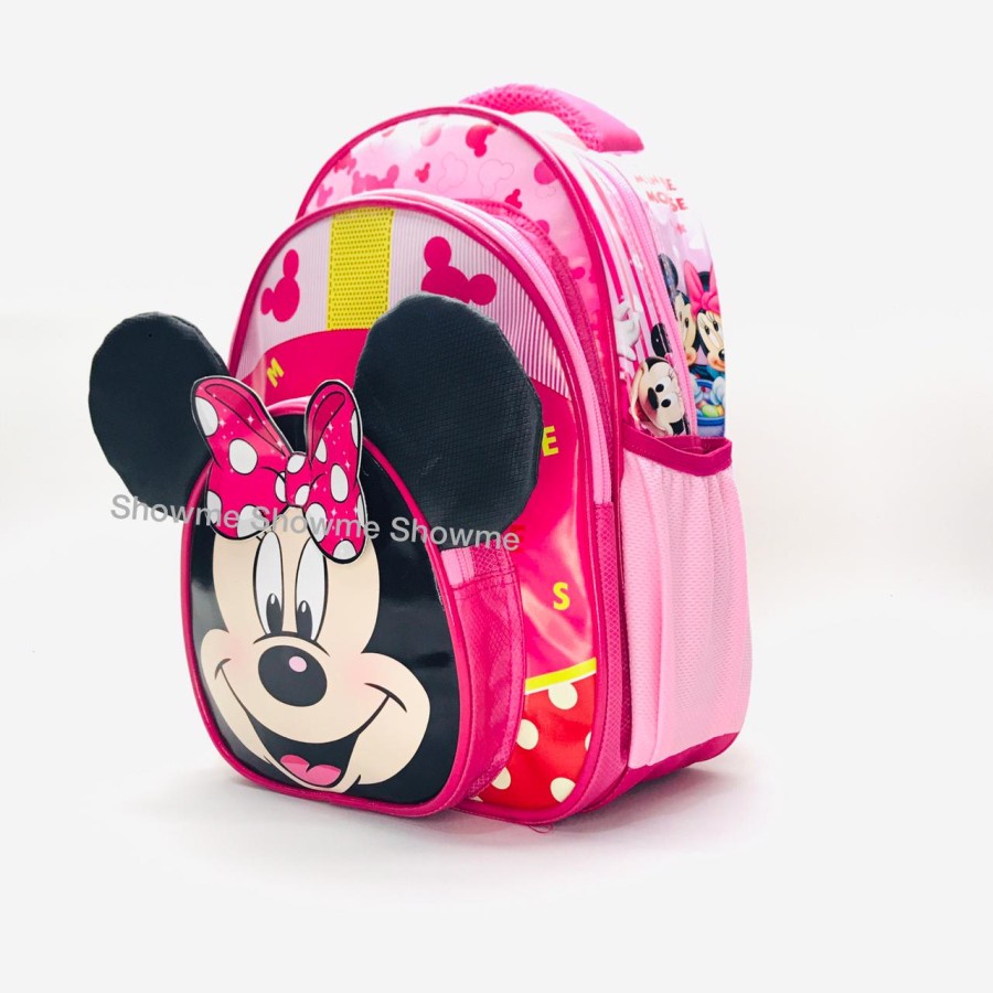 SHOWME TAS RANSEL ANAK SEKOLAH  13 INCH/ 33CM- TK - 3D - MINNI - 3 KANTONG - CUTE PINK - KUPING NONGOL- MINi MOUSE PINK PREMIUM KEPALA SLETING KARET