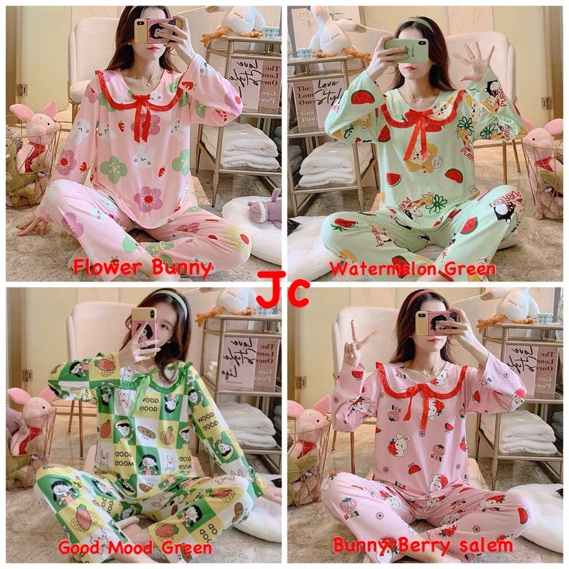 JC NEW Set Piyama Kerah Babydoll Import PP / Piyama Panjang Muslimah   / grosir Piyama wanita Import