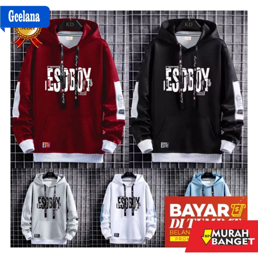 hoodie pria terbaru- Jaket Hoodie Pria Murah ESOBOY bahan Tebal Cotton Fleece Hitam Putih Abu