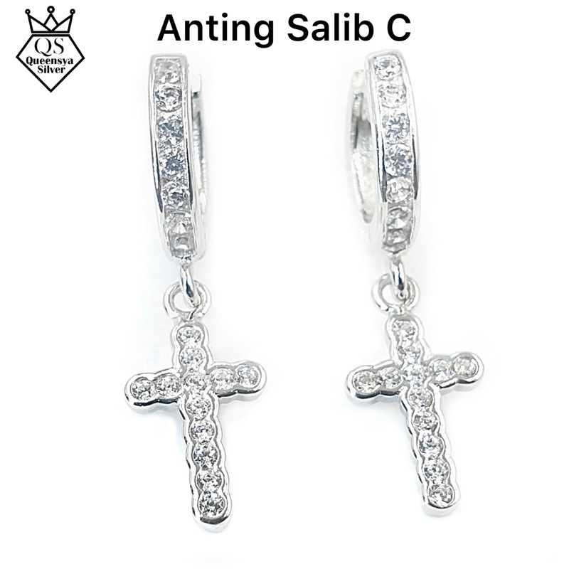 Anting Perak Salib Asli Silver 925 || Lapis Emas Putih || Perhiasan Aksesoris Fashion Wanita