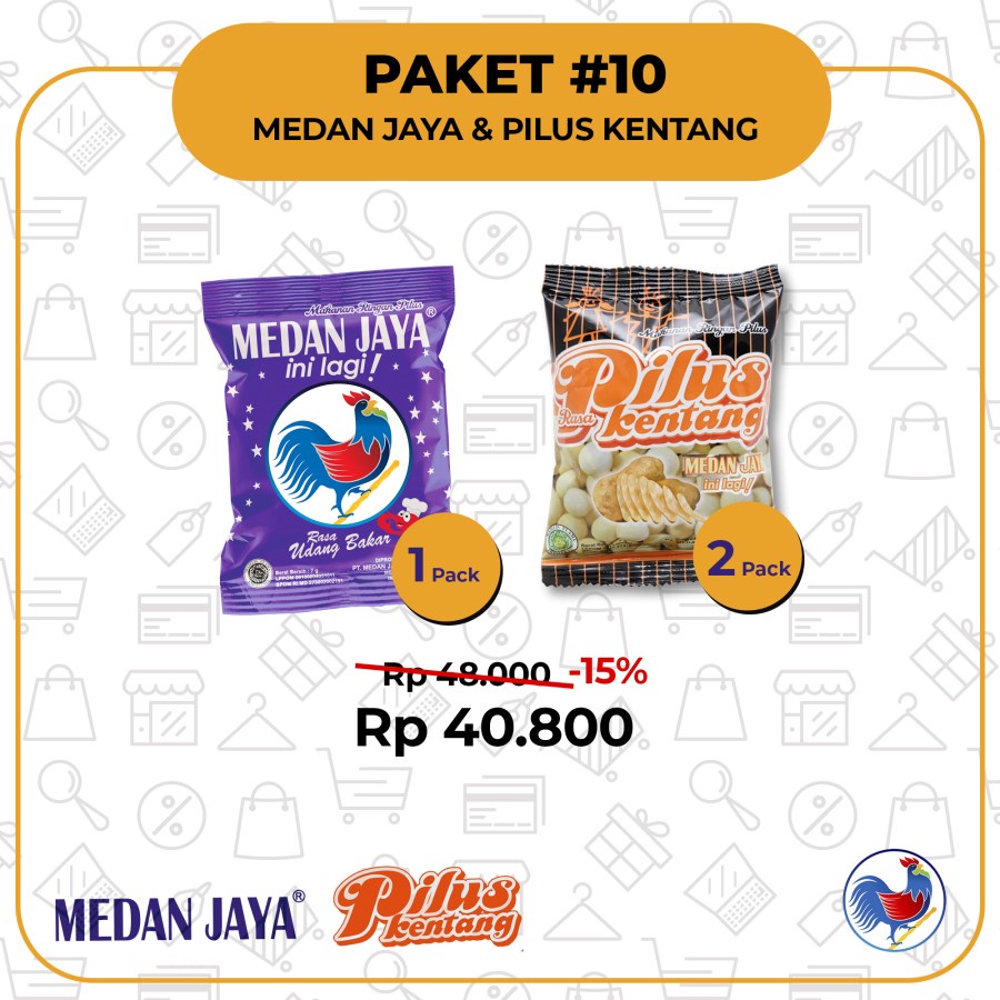 

1 pack Medan Jaya + 2 pack Pilus Kentang (1 kotak isi 3 pack/60 pcs)