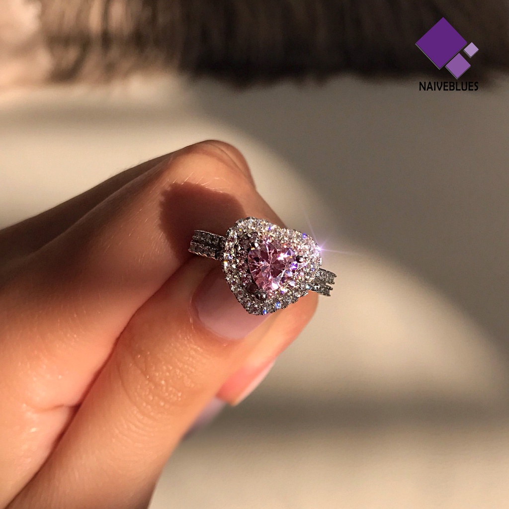 Naiveblue Cincin Platinum Bentuk Hati Hias Berlian Imitasi Warna Pink Untuk Wanita