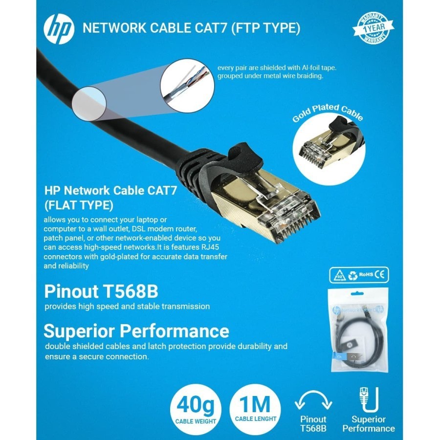 Kabel lan Hp cat 7 shield gold 10Gbps ethernet dhc-cat7-ftp 1m - Cable internet rj45 1 meter gigabit