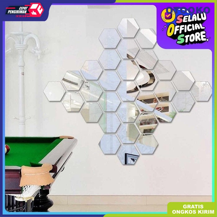 Stiker Wallpaper Dekorasi Design vinyl Cermin Mirror hexagonal isi 7