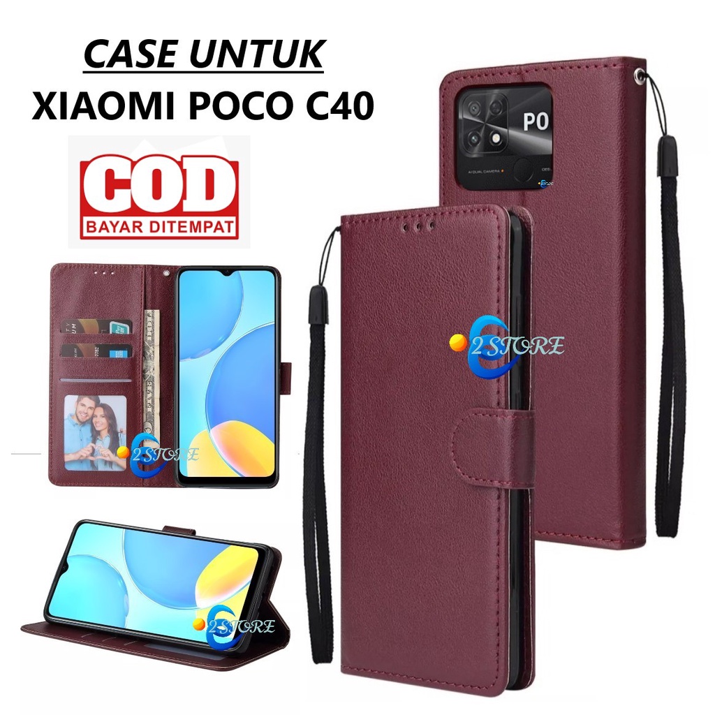Flip case XIAOMI POCO C40 model flip ada tempat foto dan kartu flip cover bisa standing ada tali