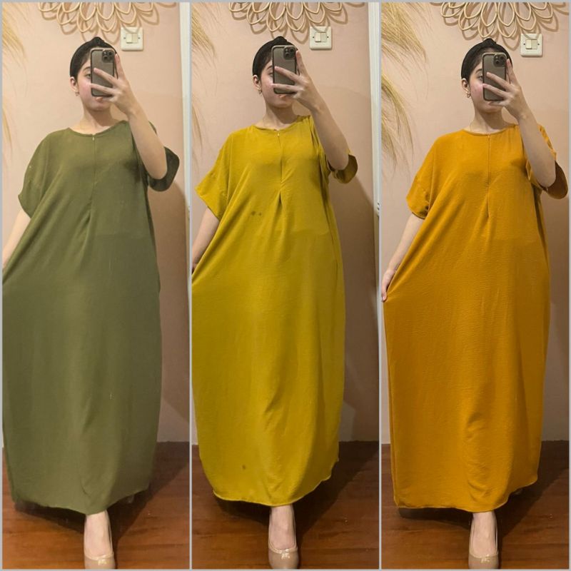 BISA COD GALERIAZKIYA LONG DRESS CRINCKLE MIDI DRESS KOREA TANGAN PENDEK POLOS DASTER AIRFLOW BUSUI 