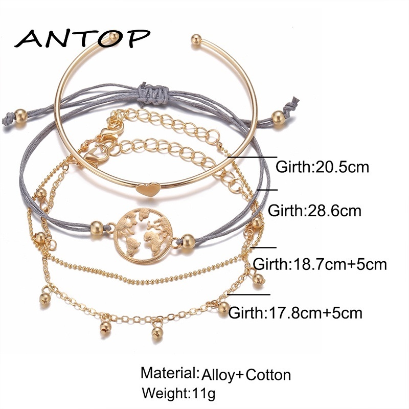 4Pcs Fashion Emas Cinta Pembukaan Vintage Gelang Set Wanita Perhiasan Aksesoris ANTOP