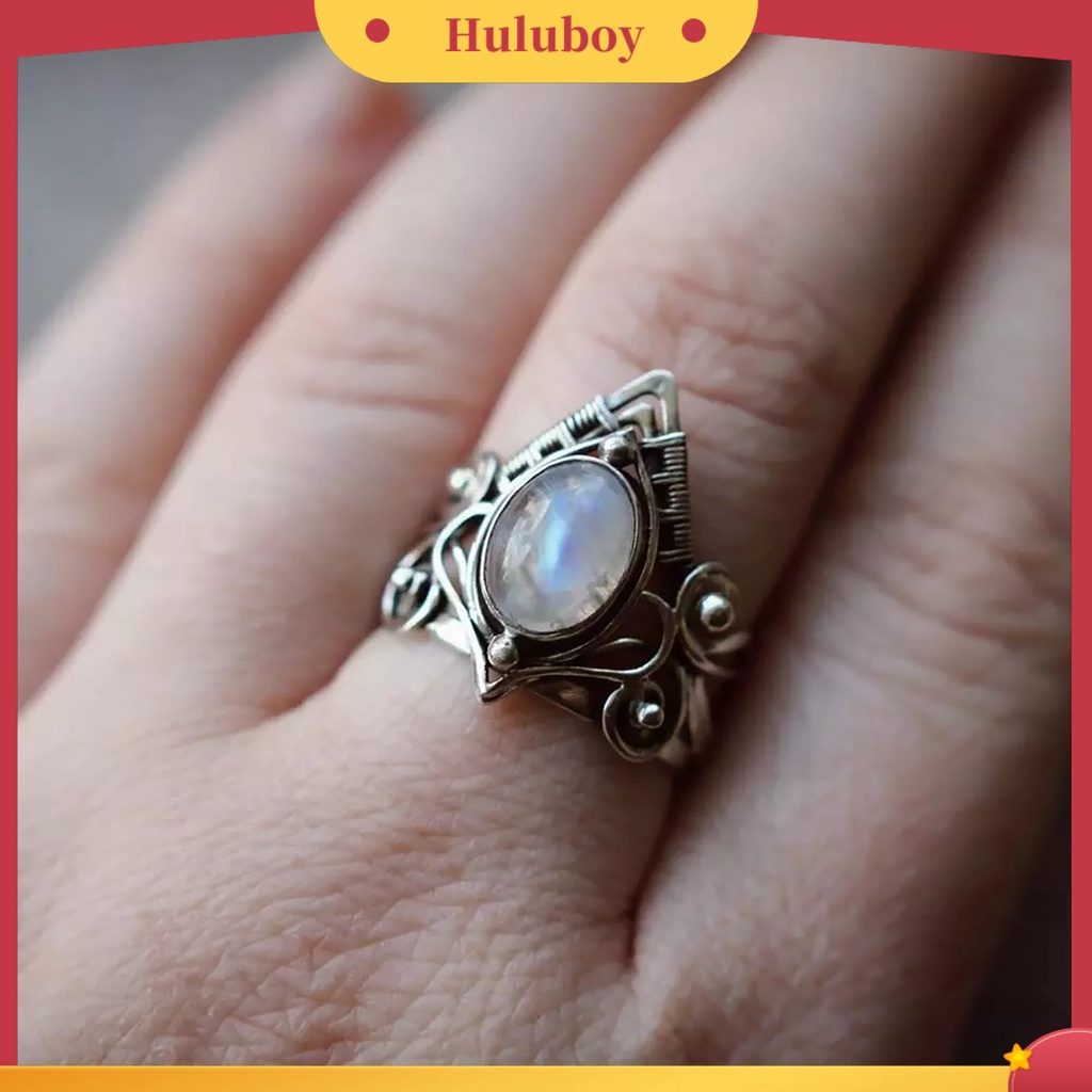 Hu Hu Hu Hu Hu Alat Bantu Pasang Kacamata♡ Cincin Model Hollow Aksen Batu Bulan Warna Silver Gaya Punk Untuk Wanita