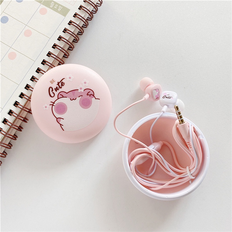 Headset Earphone Kabel Jack 3.5mm Dengan Mic + Kotak Penyimpanan Motif Kartun Untuk Wanita