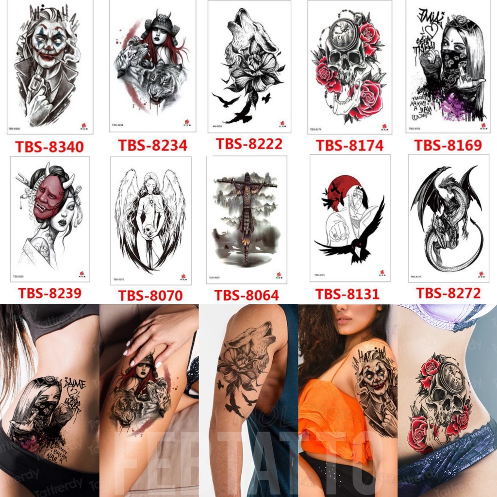 Grosir Stiker Tato / Tato Temporer 12x19cm Motif Aesthetic Tatto Temporary joker perempuan singa bunga tengkorak malaikat burung naga