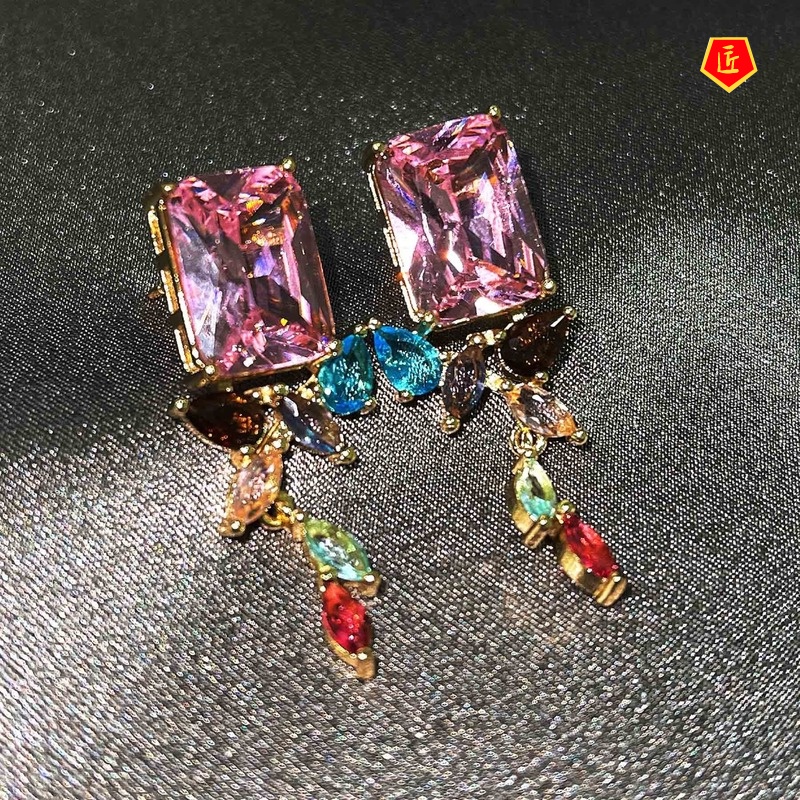 [Ready Stock]Noble Irregular Color Square Diamond Earrings