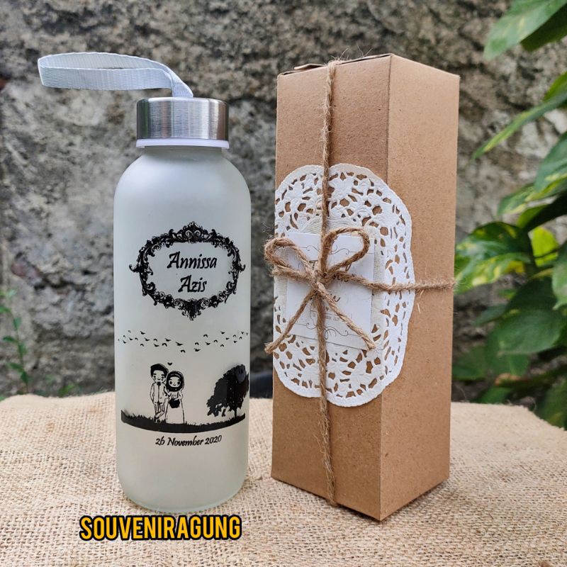 SOUVENIR BOTOL KACA CUSTOM SABLON NAMA ATAU GAMBAR TUMBLER KACA 420ML KEMAS BOX SOUVENIR PERNIKAHAN