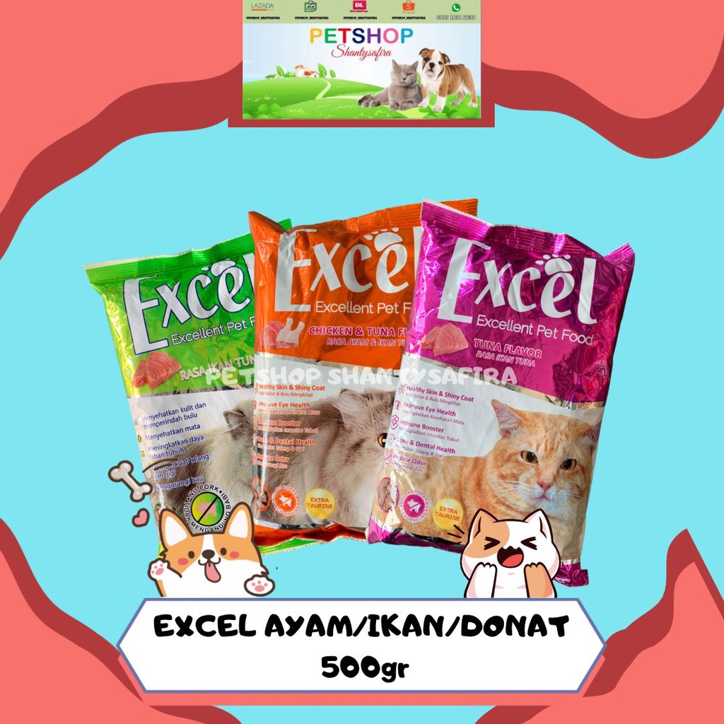 MAKANAN KUCING DRY FOOD CAT FOOD EXCEL DONAT ATAU IKAN 500 GR