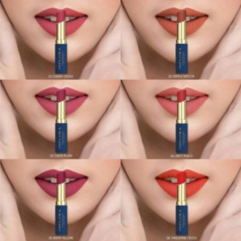 IMPLORA Lip Matte Intense Lip Stick Tersedia 6 warna terbaru - Cherry Crush/ Maple Mocha/ Sheer Plum/ Dirty Peach/ Berry Allure/ Tangerine Crush sudah berBPOM