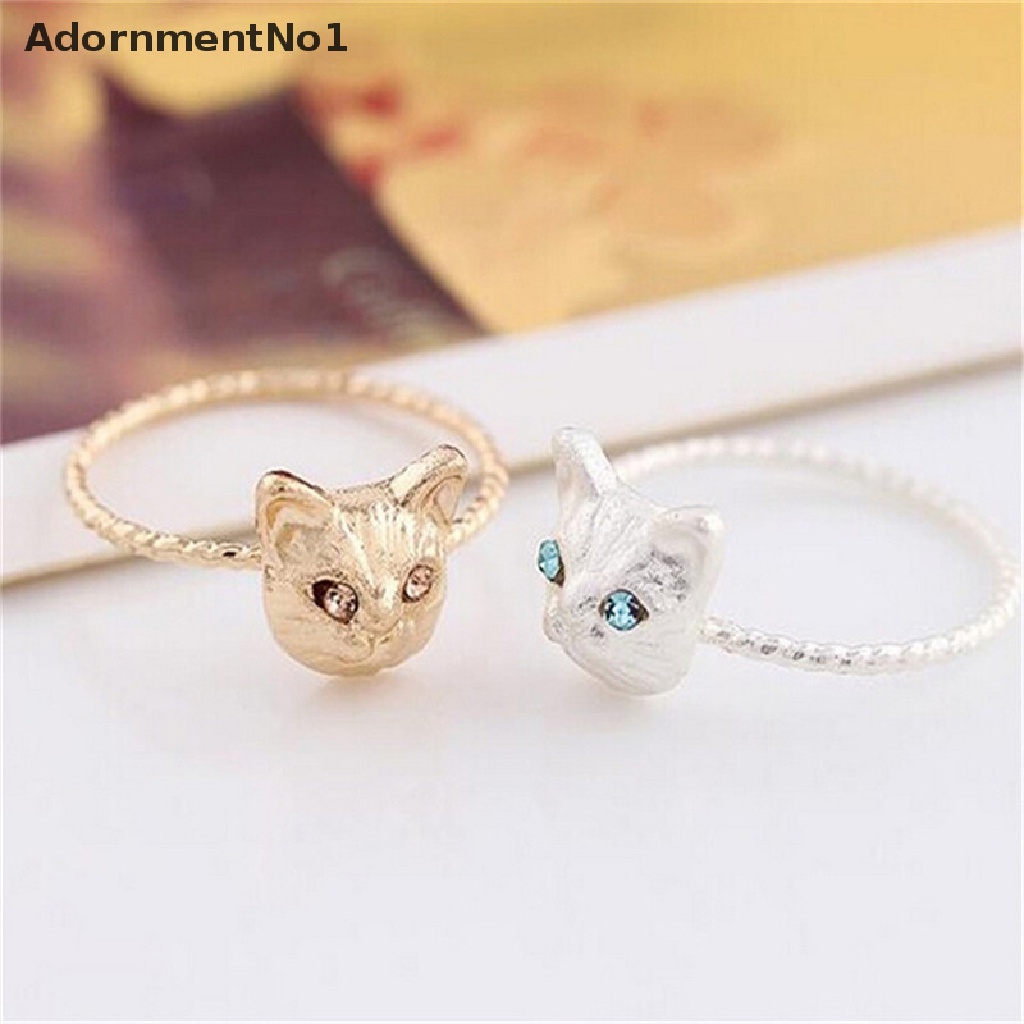 (AdornmentNo1) 1pc Cincin Bentuk Kucing Mini Aksen Berlian Imitasi Warna Hitam / Gold / Silver Untuk Wanita