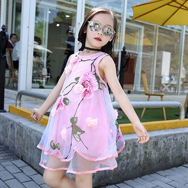 Dress Selutut Anak Perempuan Korea Model Princess Tanpa Lengan Motif Bunga untuk Musim Panas