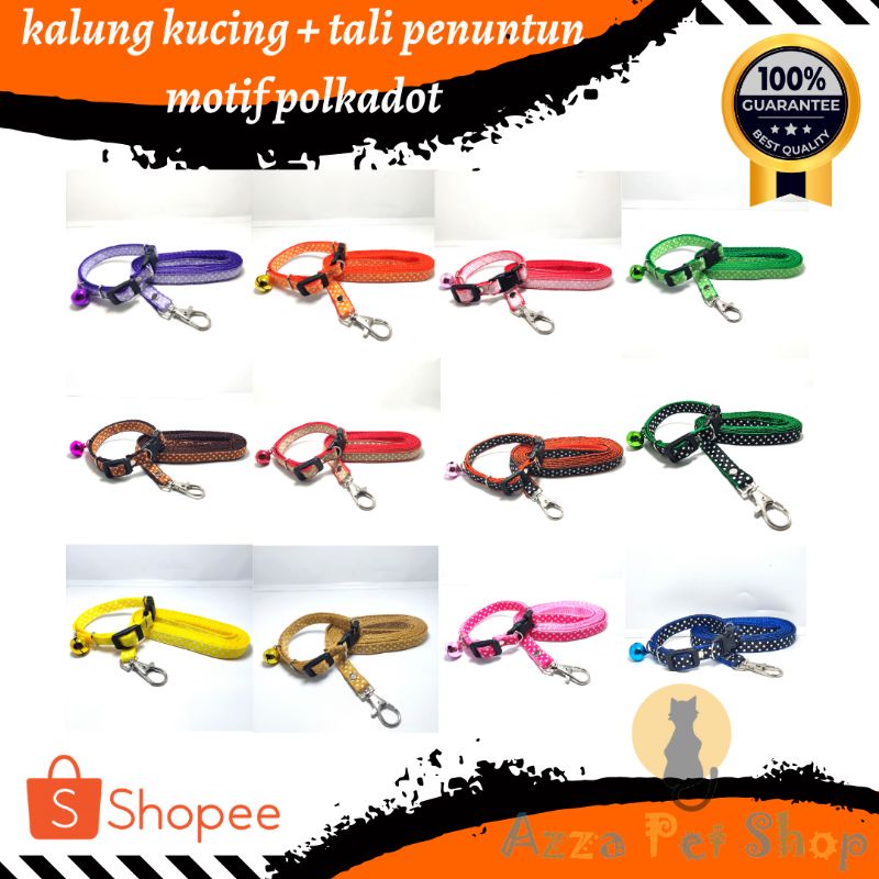 kalung kucing + tali penuntun motif polkadot lonceng 14mm / tali kalung kucing / tali penuntun