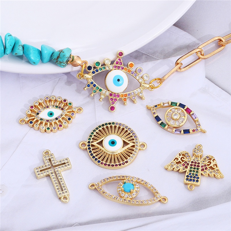 15Style Copper Evil Eye Cross Zircon Gold Plated Hollow Connector Charms For Bracelets Bohe Earrings Making DIY Jewelry Findings