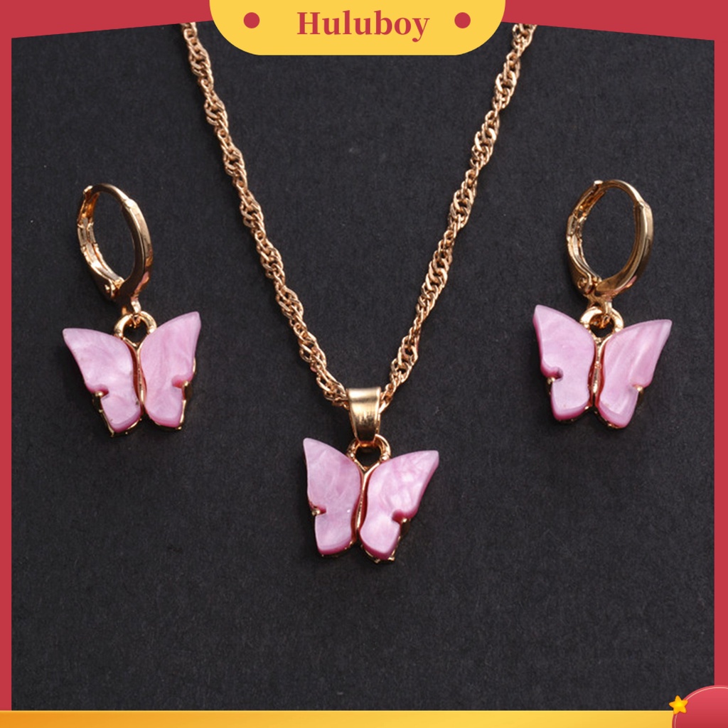 Hu Hu Hu Hu Hu Alat Bantu Pasang Kacamata♡ 2pcs / Set Anting Tusuk + Kalung Liontin Kupu-Kupu Bahan Alloy Untuk Wanita
