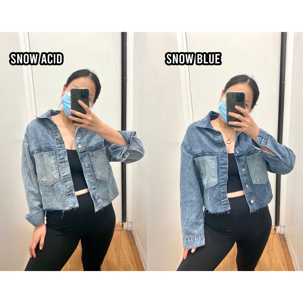 HOPYLOVY Jaket Jeans Wanita Crop Oversize Unfinished Kantong Depan Meirani