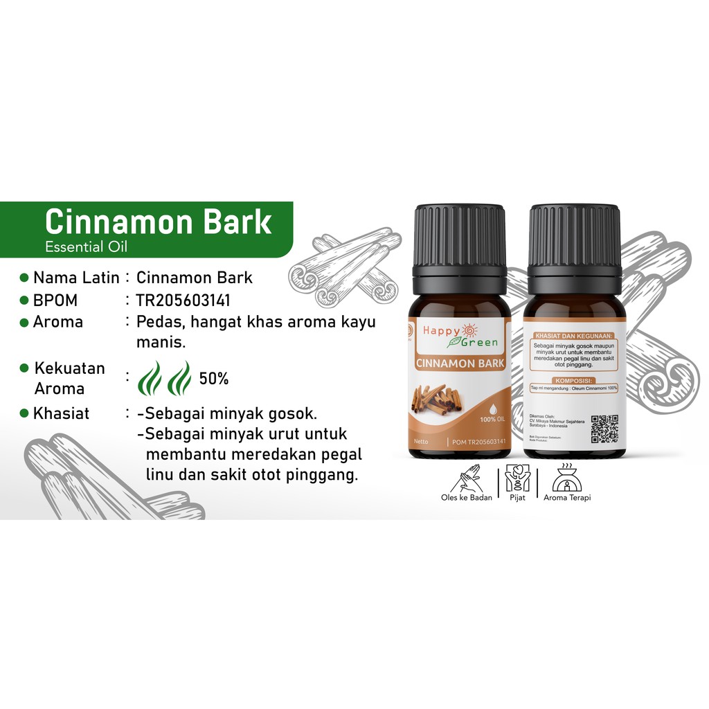 BPOM Happy Green Cinnamon Bark Essential Oil - Atsiri Kayu Manis 100% Murni Garansi Uang Kembali