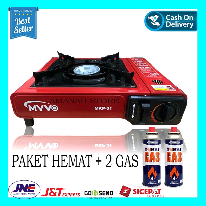 PAKET HEMAT Kompor Gas Mini Portable 1 Tungku MYVO 2 in 1 + 2 GAS KALENG