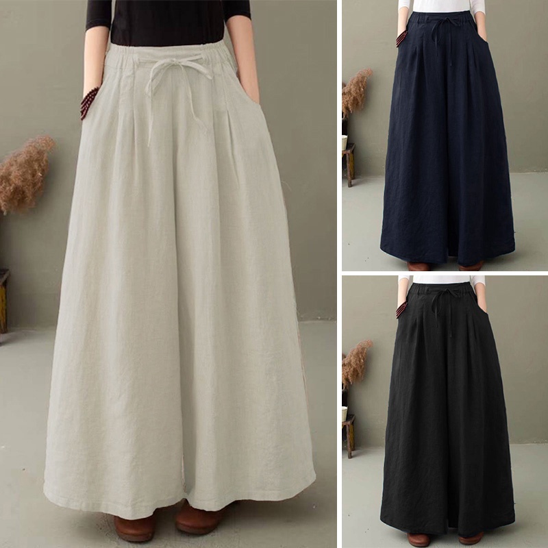 ZANZEA Women Elastic Waist Solid Color Wide Leg Casual Loose Pants