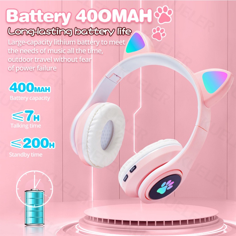 Headphone Bluetooth Telinga Lampu Kucing B39 Cat Ear Headphone On Ear Bass Bando Bloetooth Headset Wireless Lucu Anak-anak Macaroon Headset Gaming Murah