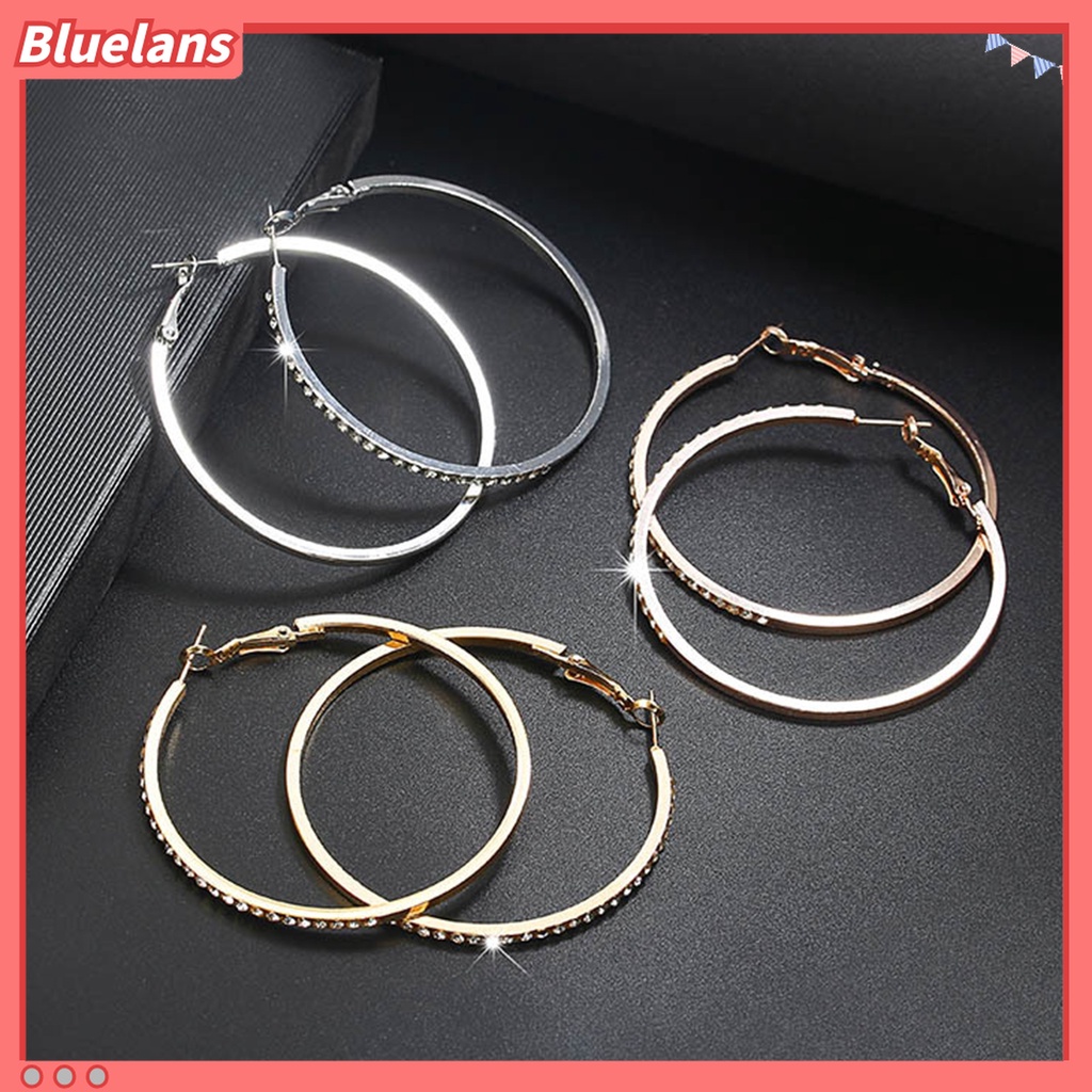 1 Pasang Anting Hoop Bentuk Bulat Aksen Berlian Imitasi Untuk Wanita